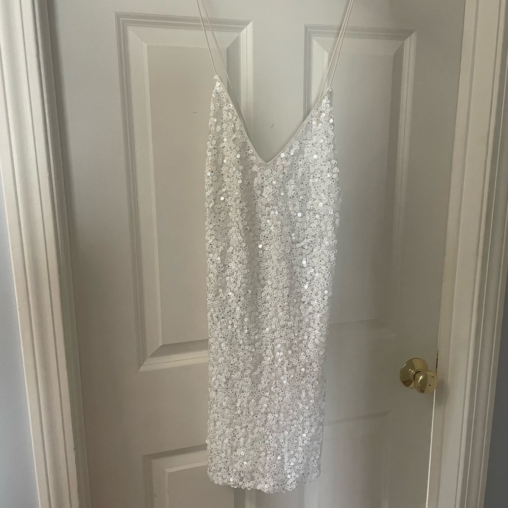 Lulu's White Silver Sequin Slip Dress